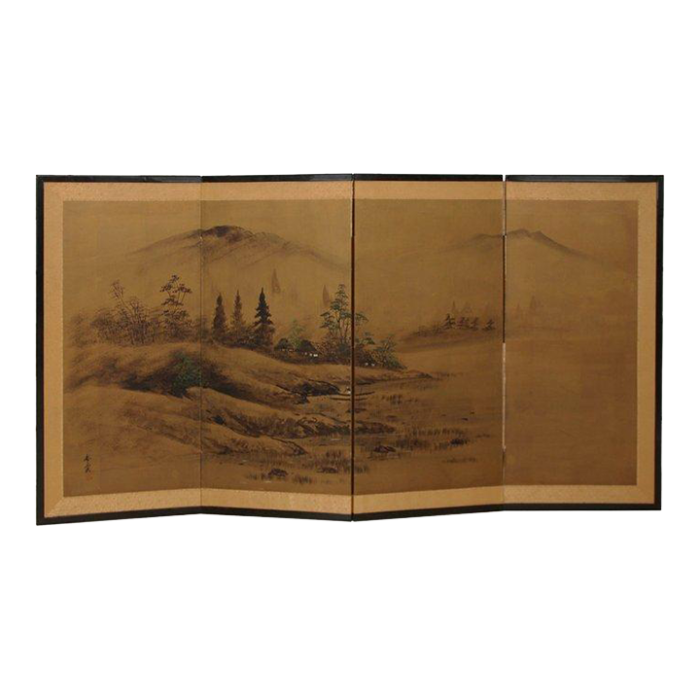 antique japanese byobu four panel screen 9719