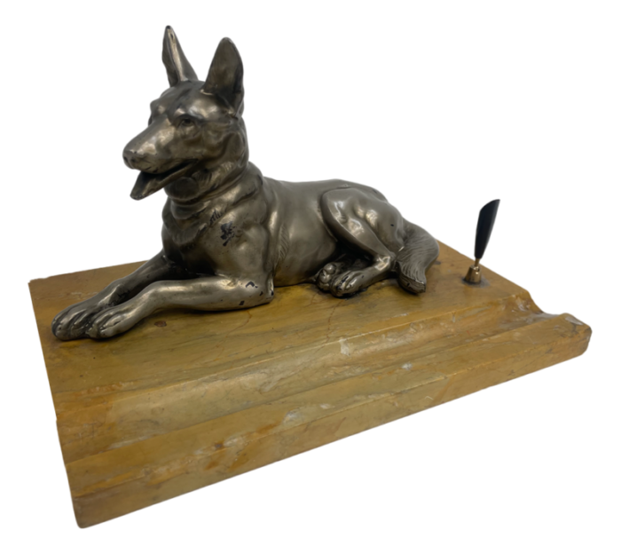 antique marble pen holder with sculpture of a dog 1920s 1922