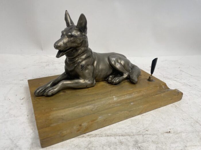 antique marble pen holder with sculpture of a dog 1920s 5797