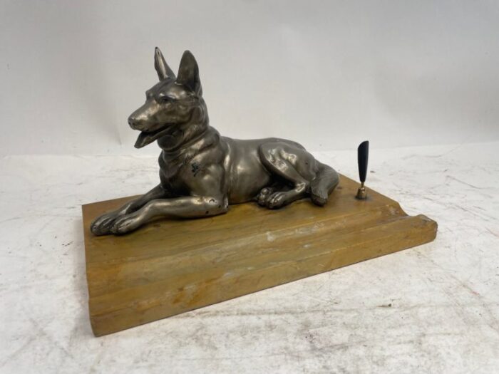 antique marble pen holder with sculpture of a dog 1920s 8443