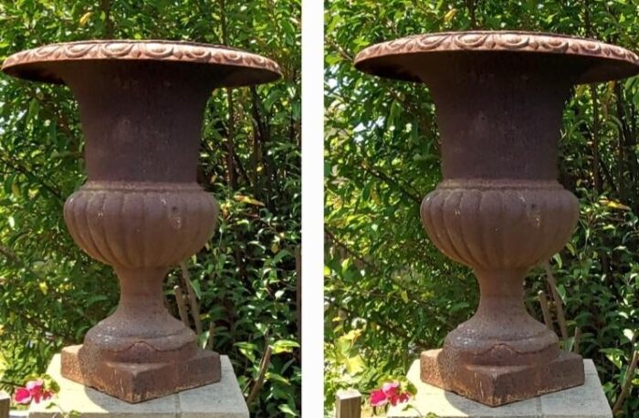 antique tall large cast iron outdoor garden planters urns set of 2 5629