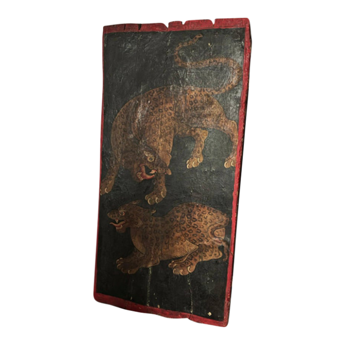 antique tibetan painted door panel leopards 4398