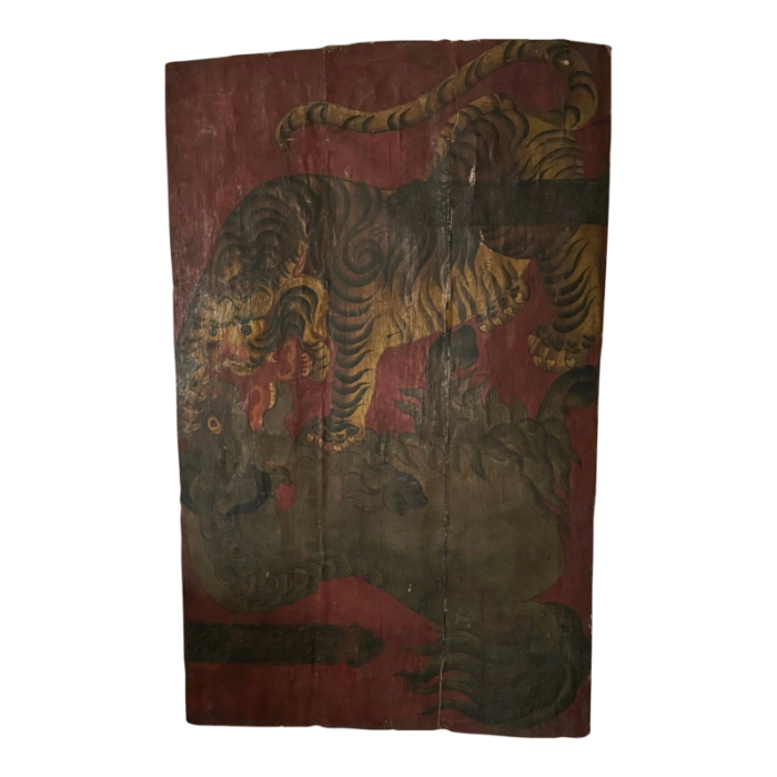 antique tibetan painted door panel tiger red 8971