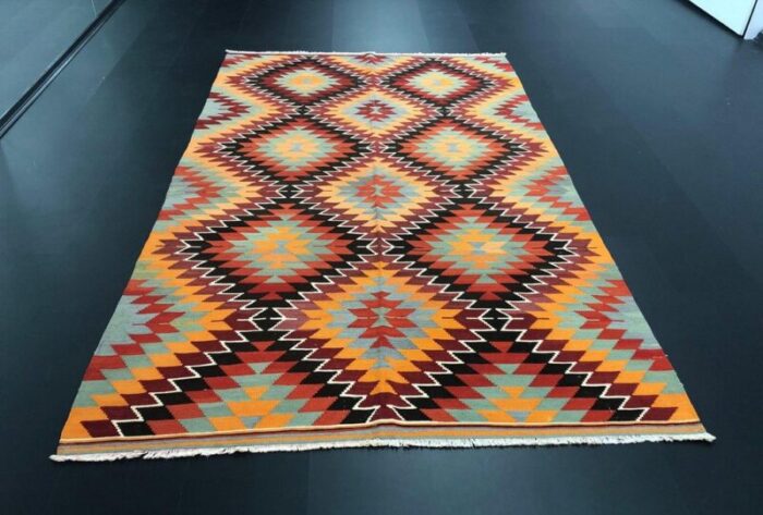 antique turkish handmade wool nomadic aztec area kilim rug 1