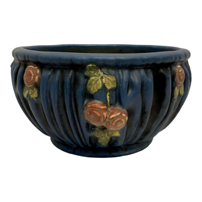 antique weller pottery blue planter bowl with pink flowers 6658