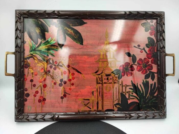 antique wooden carved tray painted on glass 2