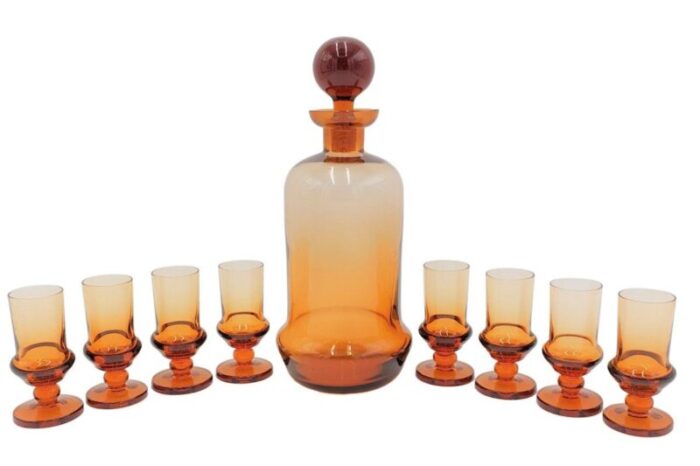 art deco amber glass liquor decanter and glasses czech republic 1930s set of 9 1