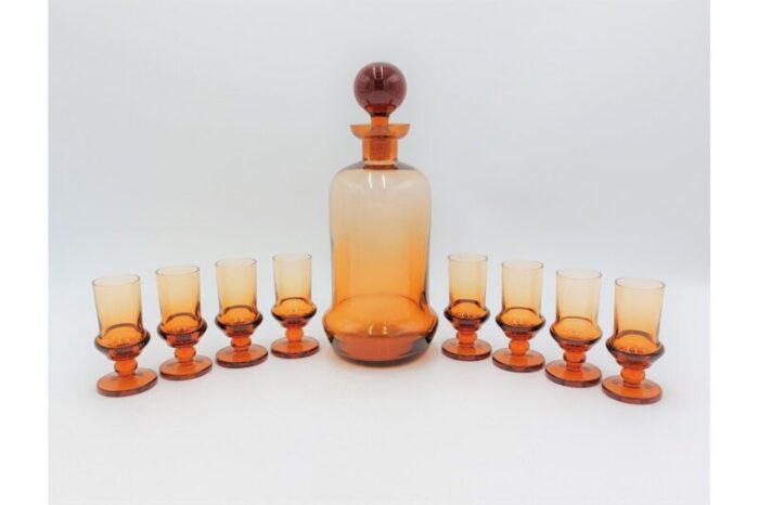 art deco amber glass liquor decanter and glasses czech republic 1930s set of 9 2