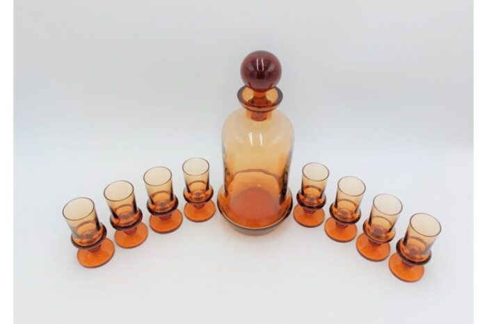 art deco amber glass liquor decanter and glasses czech republic 1930s set of 9 3