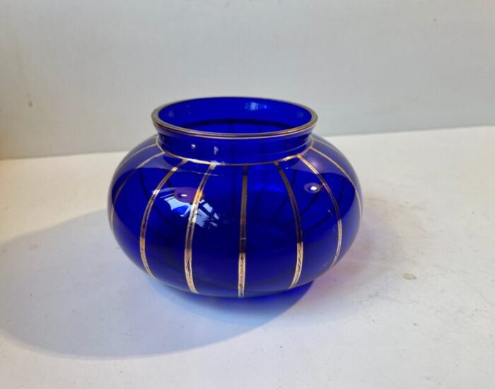 art deco blue bowl with gold enamel stripes 1930s 2