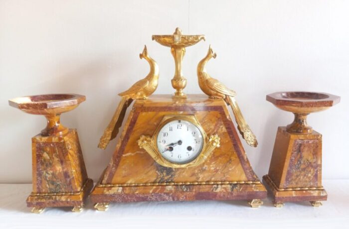 art deco clock cassolettes in bronze and marble 1925 set of 3 1