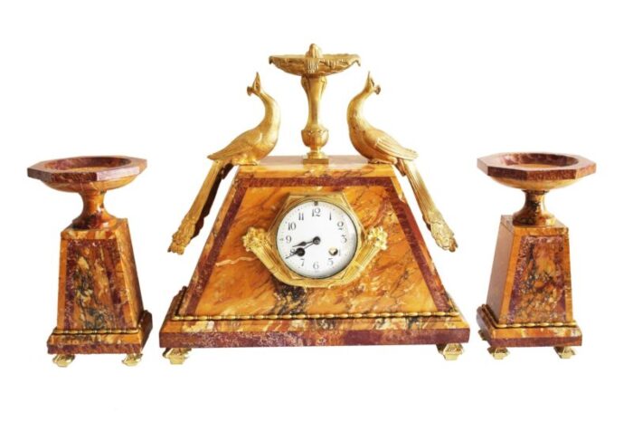 art deco clock cassolettes in bronze and marble 1925 set of 3 11