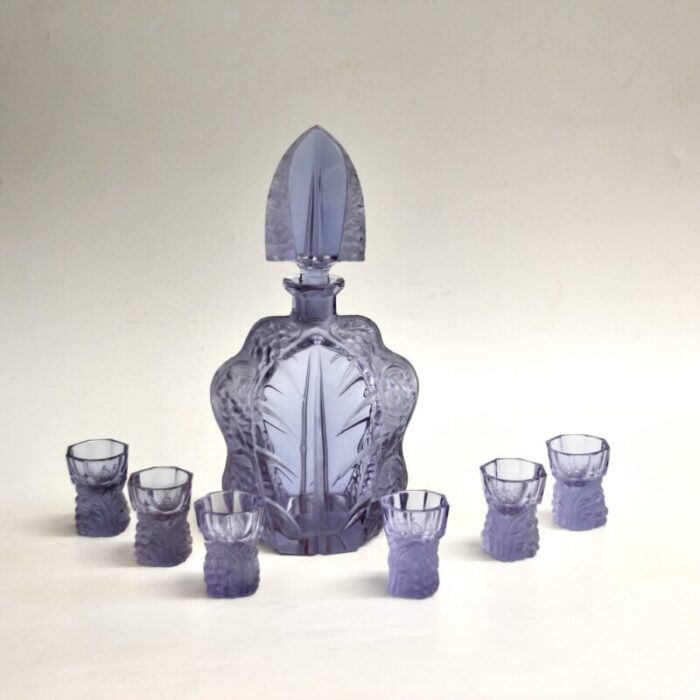 art deco crystal glass carafe with 6 glasses in the style of r lalique 1930s set of 7 1