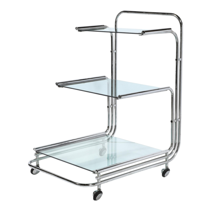 art deco streamline three tier chrome and glass bar cart w removable trays 1512