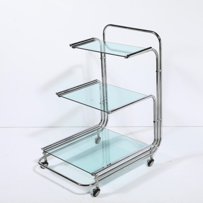 art deco streamline three tier chrome and glass bar cart w removable trays 2822