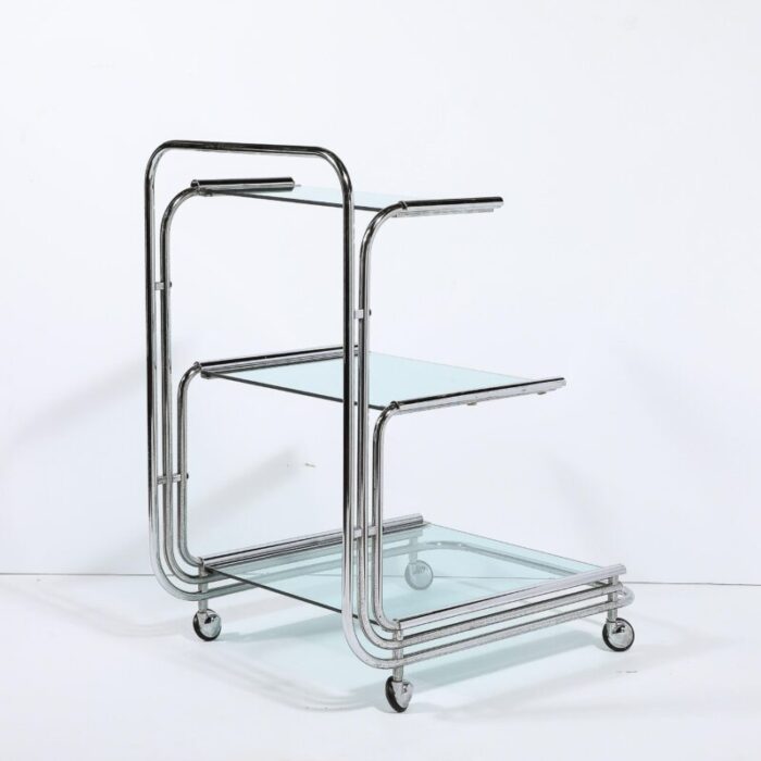 art deco streamline three tier chrome and glass bar cart w removable trays 5345