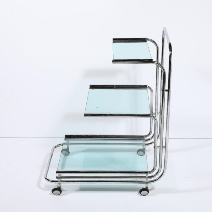 art deco streamline three tier chrome and glass bar cart w removable trays 5950