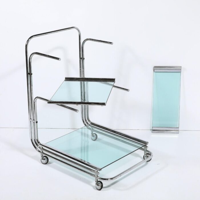 art deco streamline three tier chrome and glass bar cart w removable trays 8665