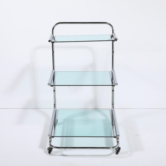 art deco streamline three tier chrome and glass bar cart w removable trays 8728