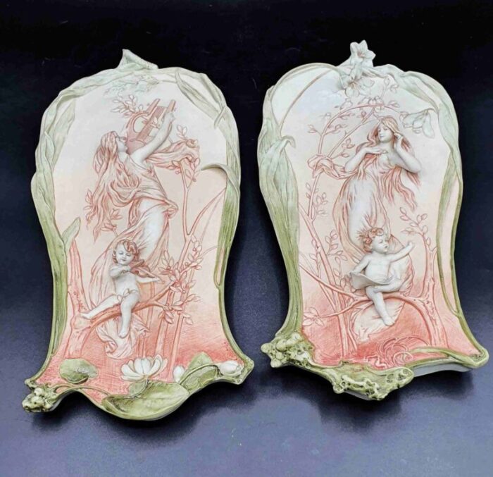 art nouveau bas relief biscuit plates by a mucha set of 2 6