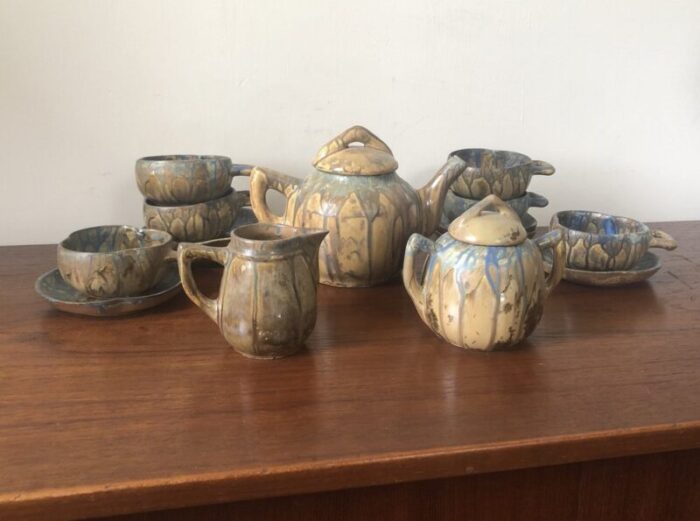 art nouveau blue running glaze tea service set of 9 1