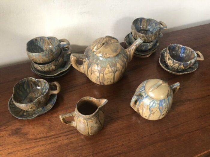 art nouveau blue running glaze tea service set of 9 2