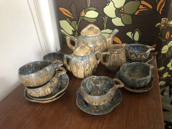 art nouveau blue running glaze tea service set of 9 3