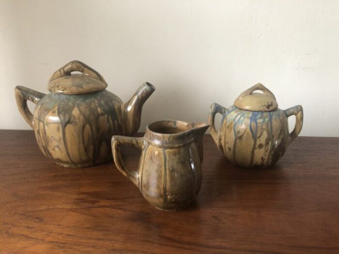 art nouveau blue running glaze tea service set of 9 4