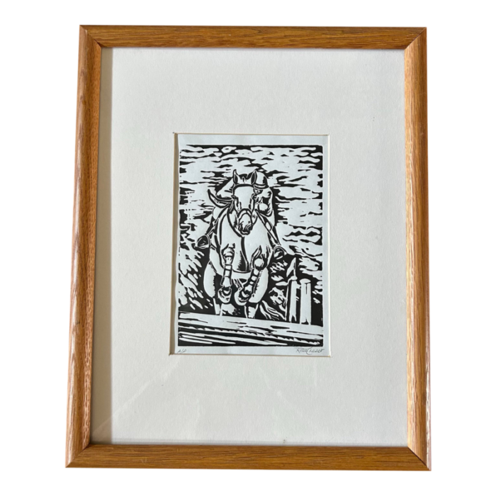 artists proof original woodblock black and white print of horse and rider jumping 9477