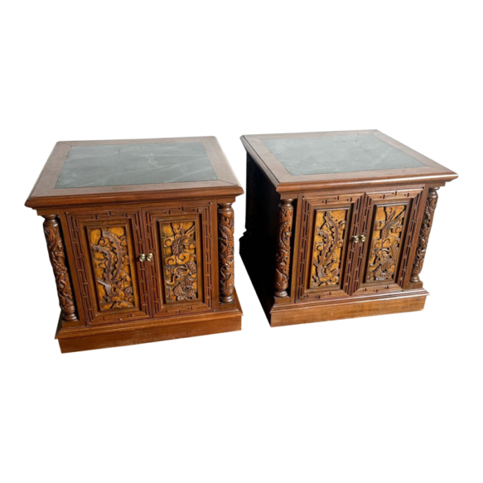 asian hand carved wooden inlaid marble top nightstandend tables 1962