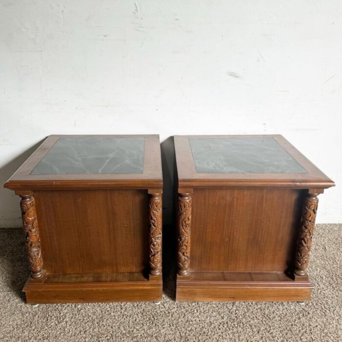 asian hand carved wooden inlaid marble top nightstandend tables 5494