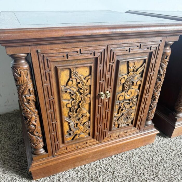 asian hand carved wooden inlaid marble top nightstandend tables 9768