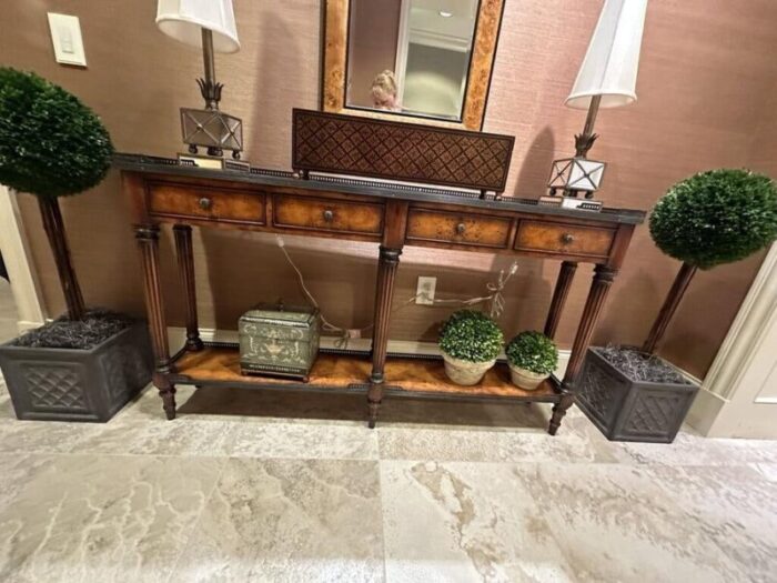 beautiful console with burled wood and metal trim table 4057