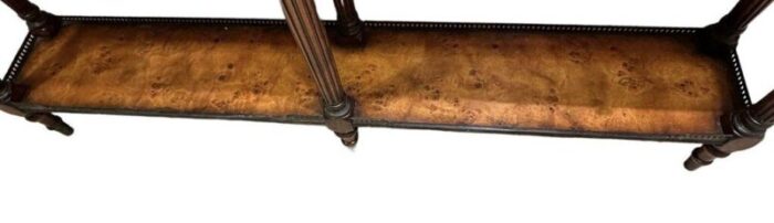 beautiful console with burled wood and metal trim table 9935