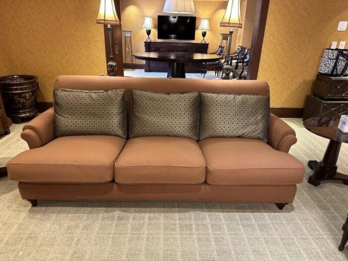 beautiful felt sofa with silk pillows by baker furniture 7285