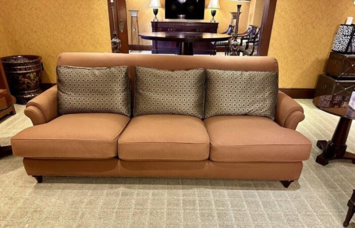 beautiful felt sofa with silk pillows by baker furniture 9828