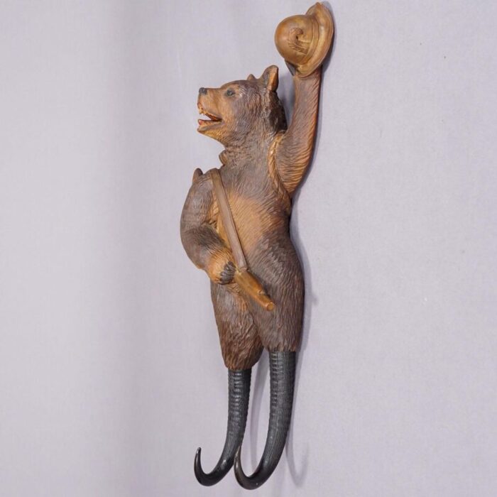 black forest carved coat hook with bear poacher ca 1900s 4003