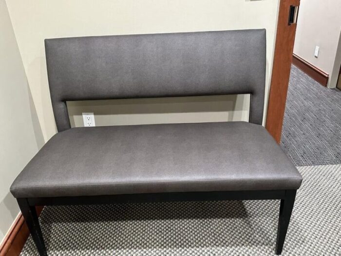 blue gray vinyl hall bench with java legs 4191