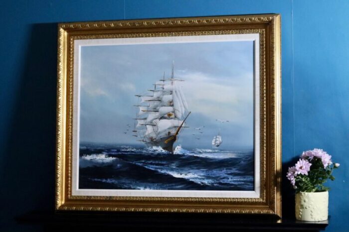 bo olsson ship and waves 1970s large oil on canvas framed 1667