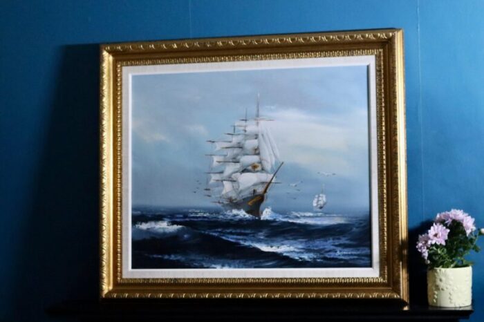 bo olsson ship and waves 1970s large oil on canvas framed 5589