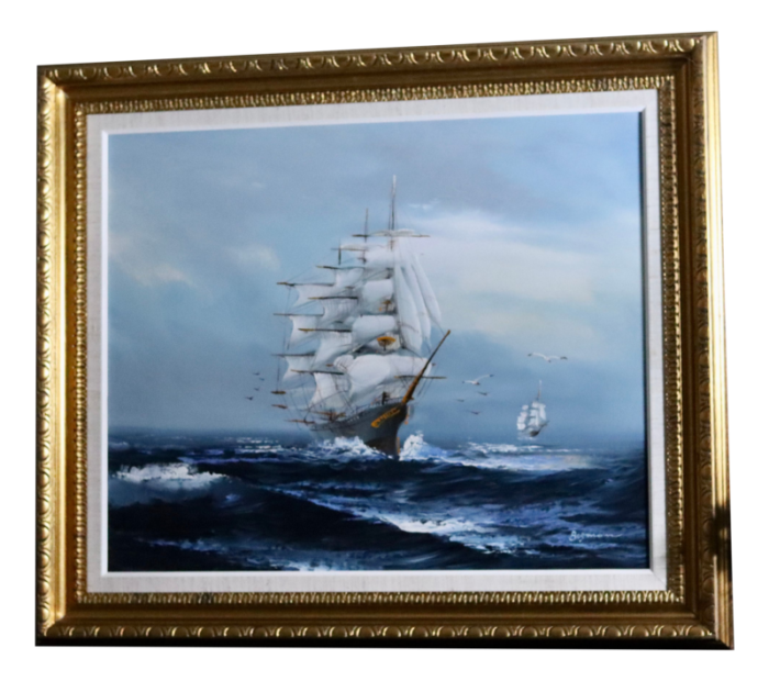 bo olsson ship and waves 1970s large oil on canvas framed 9807