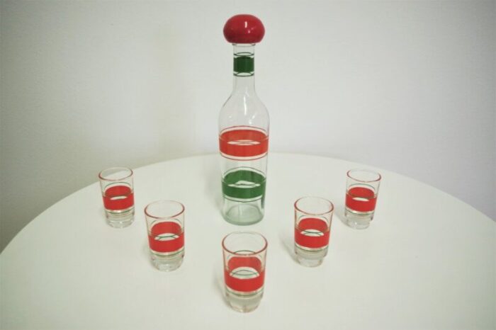 bottle and glasses for liquor 1960s set of 6 1