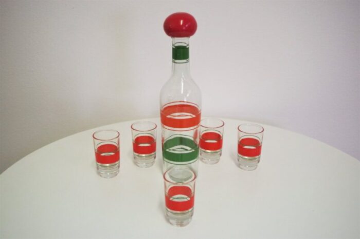 bottle and glasses for liquor 1960s set of 6 2