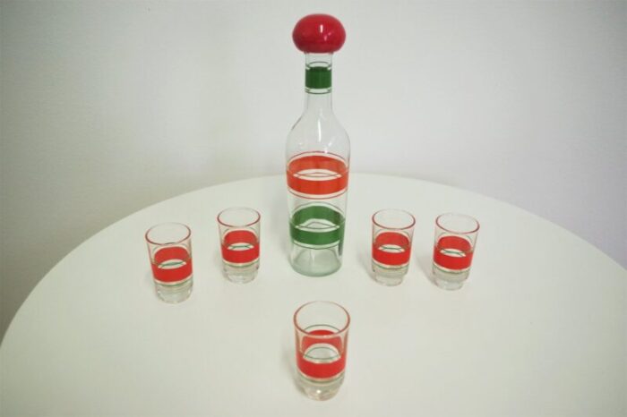 bottle and glasses for liquor 1960s set of 6 3