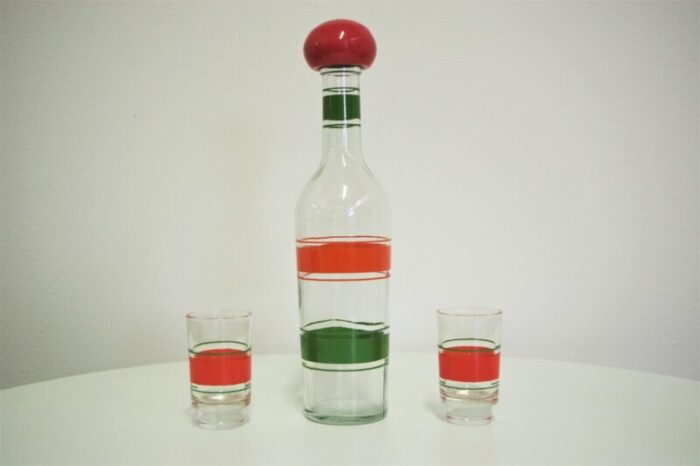 bottle and glasses for liquor 1960s set of 6 7