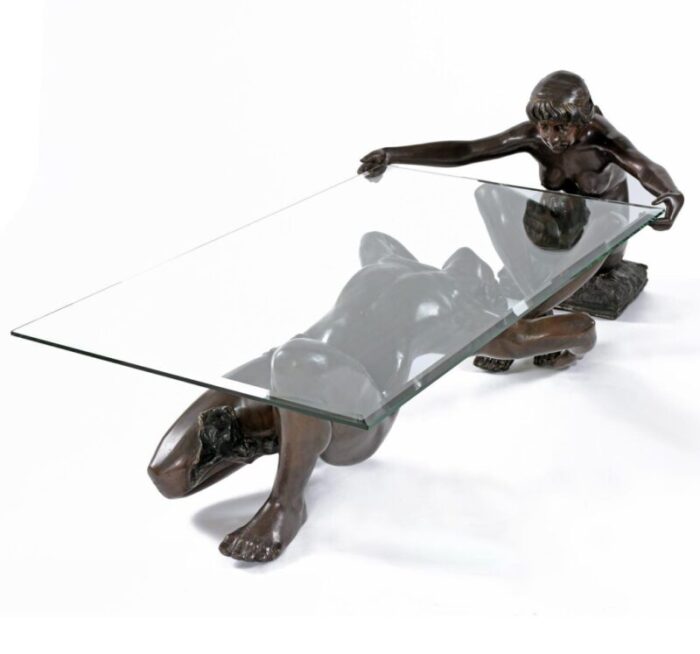 bronze male and female figural sculptural coffee table by c conndray with glass top 2841