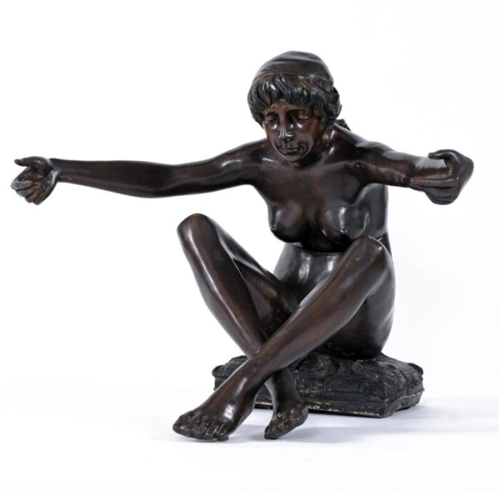 bronze male and female figural sculptural coffee table by c conndray with glass top 3652