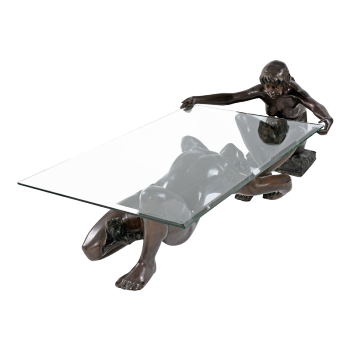 bronze male and female figural sculptural coffee table by c conndray with glass top 4811