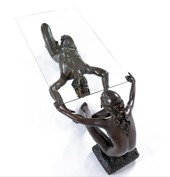 bronze male and female figural sculptural coffee table by c conndray with glass top 7694