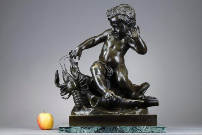 bronze sculpture child pinched by a crayfish in the style of jean baptiste pigalle 2